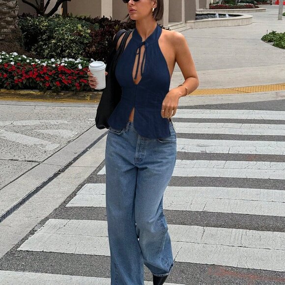 Blue Casual Women's Bow Tie Cutout Hollow Slim Fit vest top - Picture 8 of 8